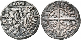 BRABANT, Duché, Jean II (1294-1312), AR esterlin, 1309-1312, Anvers. D/ Ecu parti de Brabant-Limbourg. R/ MON-ETA- ANT-VVP'' Croix longue cantonnée de...