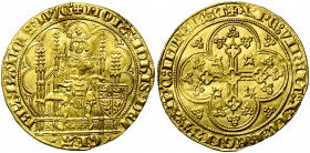 BRABANT, Duché, Jean III (1312-1355), AV chaise d''or (écu d''or), 1343-1344, Anvers. D/ Le duc trônant de f. dans une stalle gothique, portant une co...