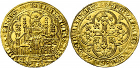 BRABANT, Duché, Jean III (1312-1355), AV chaise d''or (écu d''or), 1343-1344, Anvers. D/ Le duc trônant de f. dans une stalle gothique, portant une co...