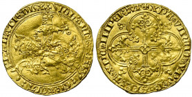 BRABANT, Duché, Jeanne et Wenceslas (1355-1383), AV franc à cheval, à partir de 1361, Louvain. D/ Chevalier au galop à g., brandissant son épée. R/ Cr...