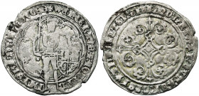 BRABANT, Duché, Jeanne et Wenceslas (1355-1383), AR vryman (bryman) sans roses, mars 1377, Maastricht. D/ Le duc deb. de f. dans un polylobe, ten. une...