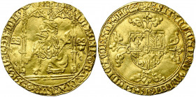 BRABANT, Duché, Philippe le Bon (1430-1467), AV lion d''or, 1454-1460, Malines. D/ Lion assis à g. sous un dais gothique, entre deux briquets. R/ Ecu ...