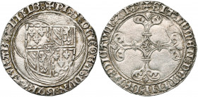 BRABANT, Duché, Philippe le Bon (1430-1467), AR double patard, 1466-1467, Louvain. D/ Ecu de Bourgogne dans un trilobe. R/ Croix fleuronnée, un lion e...