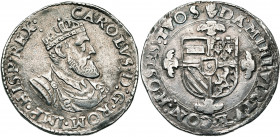 BRABANT, Duché, Charles Quint (1506-1555), AR florin Karolus d''argent, s.d. (1553-1556), Anvers. Deuxième type. D/ B. vieilli de l''empereur à d., la...