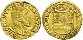 BRABANT, Duché, Philippe II (1555-1598), AV demi-réal d''or, s.d. (1560-1573), Anvers. Avec main sous le buste. D/ B. cuir. à d. R/ Ecu couronné. G.H....