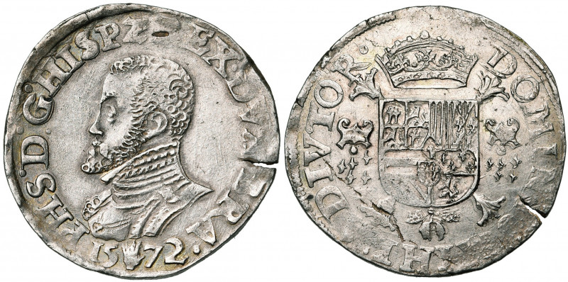 BRABANT, Duché, Philippe II (1555-1598), AR demi-écu Philippe, 1572, Anvers. D/ ...