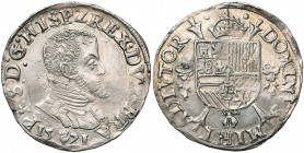 BRABANT, Duché, Philippe II (1555-1598), AR cinquième d''écu Philippe, 1571, Anvers. D/ B. cuir. à d. R/ Ecu couronné sur une croix de Bourgogne, entr...