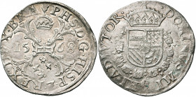 BRABANT, Duché, Philippe II (1555-1598), AR écu de Bourgogne, 1568, Anvers. D/ Croix de Bourgogne, sous une couronne, chargée d''un briquet, accostée ...