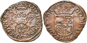 BRABANT, Duché, Philippe II (1555-1598), Cu gigot (duit), 1597, sans marque d''atelier. D/ Croix de Bourgogne couronnée, accostée de la date. R/ Ecu c...