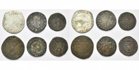 BRABANT, Duché, Philippe II (1556-1598), lot de 6 p. frappées à Anvers: vingtième d''écu Philippe, 1597; double courte et courte, s.d.; liard, 1587 (t...