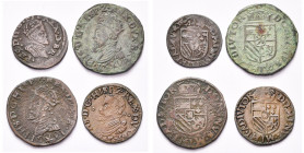 BRABANT, Duché, Philippe II (1556-1598), lot de 4 p. frappées à Maastricht: courte, s.d.; liard, 1590 et 1591; gigot, 1585. G.H. 231-2, 232-2, 233-2....