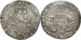 BRABANT, Duché, Albert et Isabelle (1598-1621), AR ducaton, 1620, Bruxelles. D/ B. accolés des archiducs à d. R/ Ecu couronné, tenu par deux lions, au...