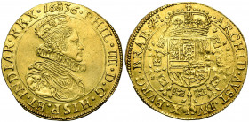 BRABANT, Duché, Philippe IV (1621-1665), AV double souverain, 1636, Anvers. Premier type. D/ B. couronné à d., une grande fraise au col. R/ Ecu couron...