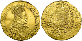 BRABANT, Duché, Philippe IV (1621-1665), AV double souverain, 1641, Bruxelles. Deuxième type. D/ B. couronné à d., au mince collet. R/ Ecu couronné, e...