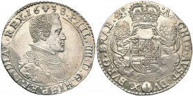 BRABANT, Duché, Philippe IV (1621-1665), AR demi-ducaton, 1638, Bruxelles. Deuxième type. D/ B. dr. et cuir. à d. R/ Ecu couronné, tenu par deux lions...