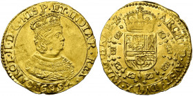 BRABANT, Duché, Charles II (1665-1700), AV double souverain, 1694, Anvers. Premier type. D/ B. enfantin à d., couronné, portant le collier de la Toiso...