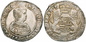 BRABANT, Duché, Charles II (1665-1700), AR ducaton, 1668, Anvers. Premier type. D/ B. enfantin à d. R/ Ecu couronné, tenu par deux lions, orné du bijo...
