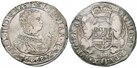 BRABANT, Duché, Charles II (1665-1700), AR demi-ducaton, 1668, Anvers. Premier type. D/ B. enfantin à d. R/ Deux lions ten. une grande couronne au-des...