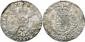 BRABANT, Duché, Charles II (1665-1700), AR patagon, 1677, Anvers. D/ Croix de Bourgogne sous une couronne, portant le bijou de la Toison d''or. R/ Ecu...