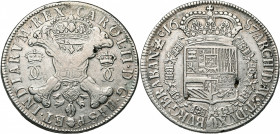 BRABANT, Duché, Charles II (1665-1700), AR patagon, 1687, Bruxelles. Nouveau type. Tranche lisse. D/ Croix de Bourgogne sous une couronne, accostée du...