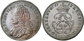 BRABANT, Duché, Charles VI (1711-1740), empereur du Saint Empire romain germanique, Cu liard, 1712, Anvers. D/ B. dr. et cuir. à g. R/ Monogramme cour...