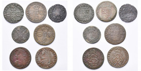 BRABANT, Duché, lot de 7 p.: Charles II, liard, 1691, Bruxelles et 1692, Anvers; gigot, 1685, Bruxelles et 1700, Anvers; Philippe V, liard, 1710, Namu...