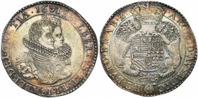 BRABANT, Duché, Albert et Isabelle (1598-1621), AR ducaton, 1618, Anvers. D/ B. accolés des archiducs à d. R/ Ecu couronné, tenu par deux lions, au-de...
