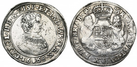 BRABANT, Duché, Charles II (1665-1700), AR ducaton, 1668, Anvers. Premier type. D/ B. enfantin à d. R/ Ecu couronné, tenu par deux lions, orné du bijo...