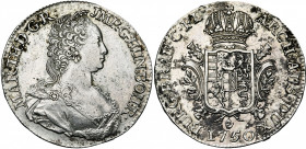 BRABANT, Duché, Marie-Thérèse (1740-1780), AR ducaton, 1750, Anvers. D/ B. dr. et diad. à d., avec pendant d''oreille. MAR: TH: en début de légende. R...