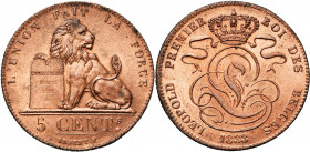 BELGIQUE, Royaume, Léopold Ier (1831-1865), Cu 5 centimes, 1833. BRAEMT F. avec point. Dupriez 53. Petites taches.
Superbe à Fleur de Coin