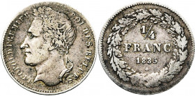 BELGIQUE, Royaume, Léopold Ier (1831-1865), AR 1/4 de franc, 1835. Sans signature. Dupriez 130 var.; Bogaert -. Rare.
Très Beau