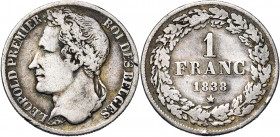 BELGIQUE, Royaume, Léopold Ier (1831-1865), AR 1 franc, 1838. Grande étoile. Bogaert 156B. Rare.
Beau à Très Beau