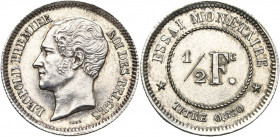 BELGIQUE, Royaume, Léopold Ier (1831-1865), AR 1/2 franc, 1859. Essai monétaire en argent. Tranche cannelée. Dupriez 636. Rare Nettoyé.
Superbe