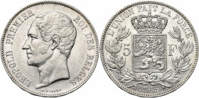 BELGIQUE, Royaume, Léopold Ier (1831-1865), AR 5 francs, 1865. F sans point. Bogaert 928A. Nettoyé.
presque Superbe