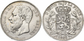 BELGIQUE, Royaume, Léopold II (1865-1909), AR 5 francs, 1866. F. avec point. Bogaert 1005B. Rare Nettoyé.
presque Très Beau