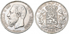 BELGIQUE, Royaume, Léopold II (1865-1909), AR 5 francs, 1866. F. avec point. Bogaert 1005B. Rare Nettoyé.
Beau à Très Beau