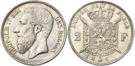 BELGIQUE, Royaume, Léopold II (1865-1909), 2 francs, 186[]. Essai de Wiener en argent. Frappe postérieure sur flan épais. Dupriez 1035. Rare Nettoyé....