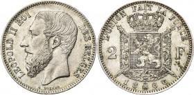 BELGIQUE, Royaume, Léopold II (1865-1909), AR 2 francs, 1866. Type A. Avec croix sur la couronne. Dupriez 1036.
Très Beau à Superbe