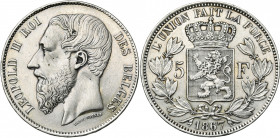 BELGIQUE, Royaume, Léopold II (1865-1909), AR 5 francs, 1867. F. avec point. Grande tête et signature le long du cou. Bogaert 1074B. Rare Nettoyé. Fin...