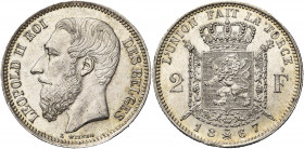 BELGIQUE, Royaume, Léopold II (1865-1909), AR 2 francs, 1867. Type A. Avec croix sur la couronne. Bogaert 1079A.
Superbe à Fleur de Coin