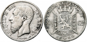 BELGIQUE, Royaume, Léopold II (1865-1909), AR 50 centimes, 1868. Dupriez 1099. Très rare Nettoyé. Griffes au revers.
Beau à Très Beau
