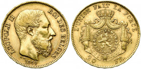 BELGIQUE, Royaume, Léopold II (1865-1909), AV 20 francs, 1869. Type I. Pos. A. Dupriez 1101; Bogaert 1101A.
Très Beau