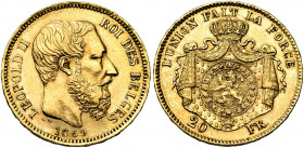 BELGIQUE, Royaume, Léopold II (1865-1909), AV 20 francs, 1869. Type II. Pos. B. Bogaert 1101D; Fr. 413. Nettoyé.
Très Beau