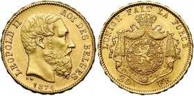 BELGIQUE, Royaume, Léopold II (1865-1909), AV 20 francs, 1876. Pos. B. Dupriez 1195; Bogaert 1195B. Rare Fines griffes.
Très Beau à Superbe