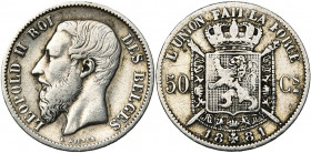 BELGIQUE, Royaume, Léopold II (1865-1909), AR 50 centimes, 1881. Dupriez 1227. Très rare Nettoyé.
Beau à Très Beau