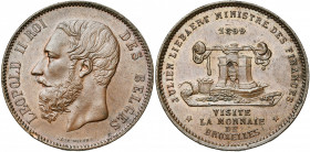 BELGIQUE, Royaume, Léopold II (1865-1909), module de 5 francs, 1899FR. Visite de J. Liebaert à la Monnaie. Cuivre. Frappe médaille. Tranche lisse. Dup...