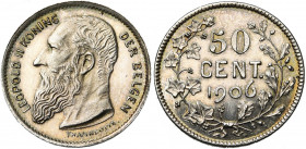 BELGIQUE, Royaume, Léopold II (1865-1909), 50 centimes, 1906NL. Essai de Vinçotte en argent. Tranche cannelée. Dupriez 1614. Très rare.
Avec point so...