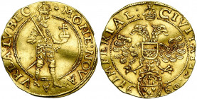 ALLEMAGNE, LÜBECK, Ville libre, AV double ducat, 1660. D/ L''empereur deb. à d., en cuirasse, ten. un sceptre sur l''épaule et un gl. cr. R/ Aigle imp...