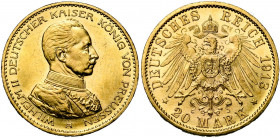 ALLEMAGNE, PRUSSE, Wilhelm II (1888-1918), AV 20 Mark, 1913A. Buste en uniforme. J. 253; A.K.S. 125; Fr. 3833. Petits coups.
Superbe