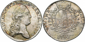 ALLEMAGNE, SAXE, Friedrich August III (1763-1806), AR Taler, 1785IEC, Dresde. D/ T. à d. R/ Ecu ovale couronné entre deux rameaux de laurier. Schnee 1...